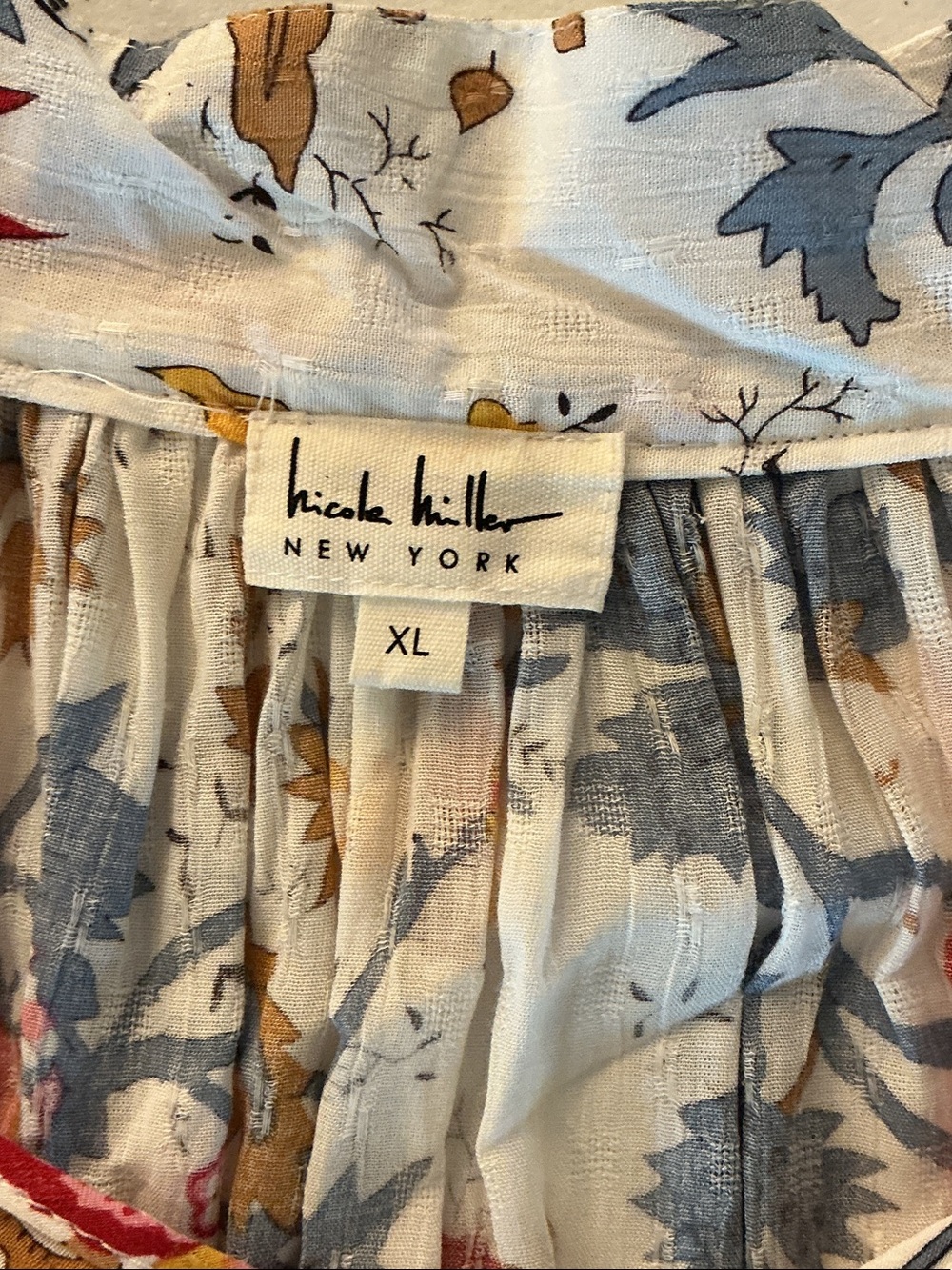 Nicole Miller White Blouse with Blue and Tan Floral Print